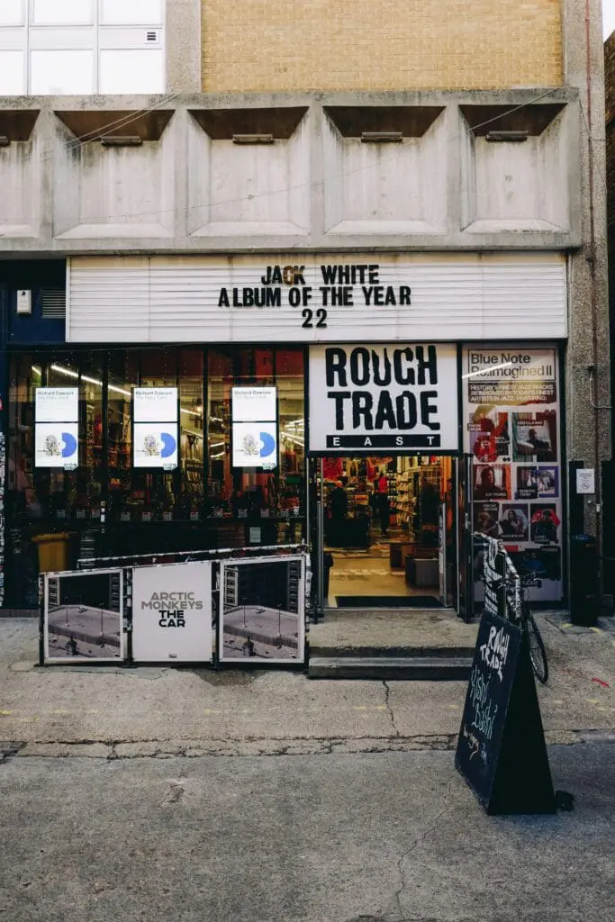 Rough Trade East exterior shot with posters and merch outside.