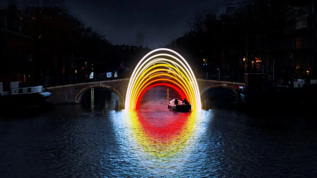 Canal view of one of the installations for Amsterdam Light Festival