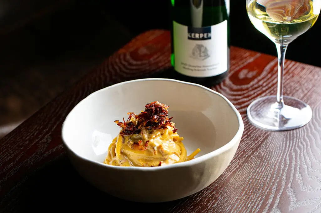 Carbonara with Spaghettone by Benedetto Cavalieri pasta factory, low salinity guanciale and pecorino romano DOP. Served at 53 Untitled.