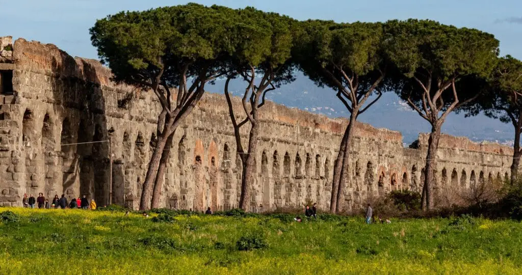 Treesa dn aqueducts in Parco degli Acquedotti (Park of the Aqueducts) in Rome, Italy.