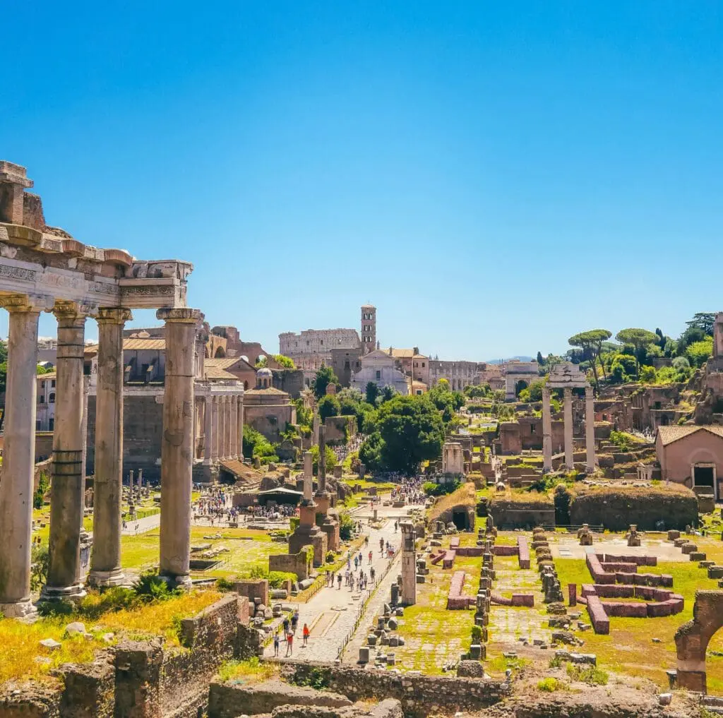 People walking through the Roman Forum in Rome, Italy