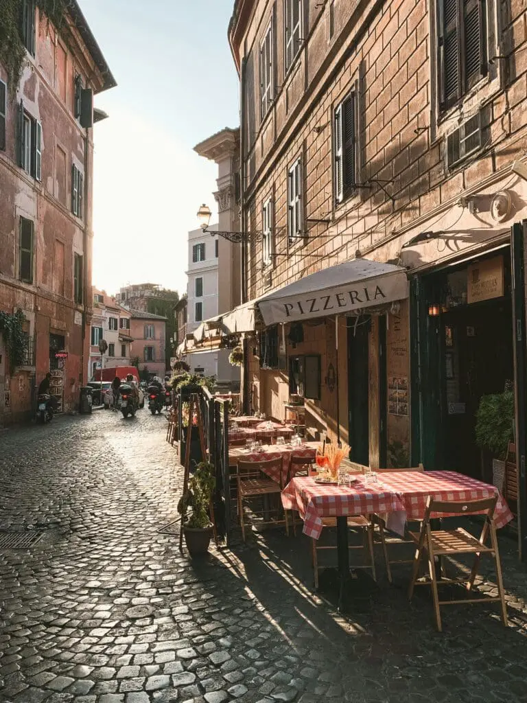 An outdoor table at a restaurant in Trastevere, Rome