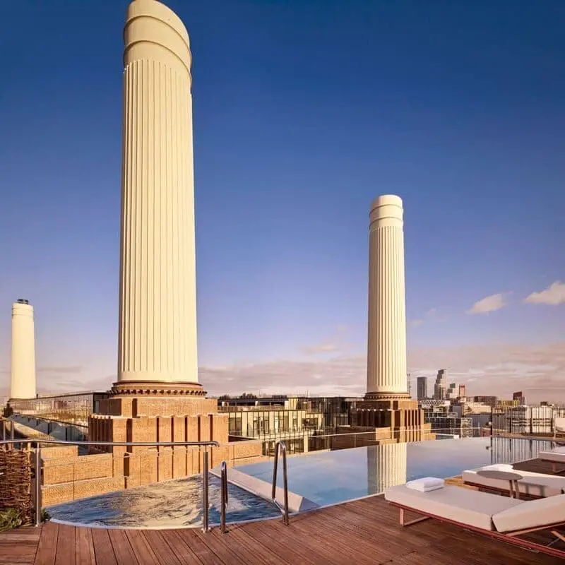 Rooftop infinity pool with Battersea Power Station view at art'otel Hotel with pool near Battersea Power Station.