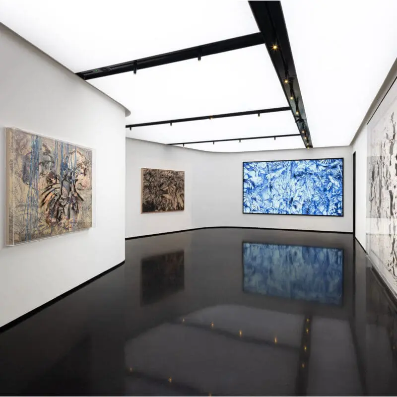 Contemporary art gallery with abstract paintings at art gallery art'otel hotel Rome.