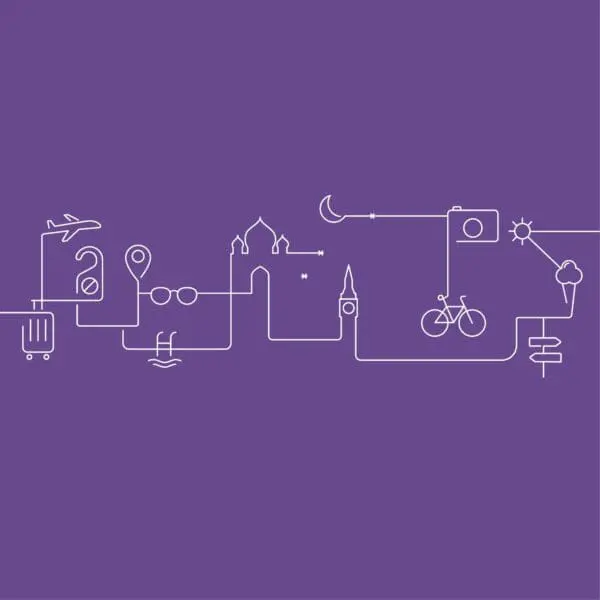 Purple line‑art illustration featuring travel icons, city landmarks, bikes and nature elements, reflecting the creative design style of art'ote Battersea Power Station view room.