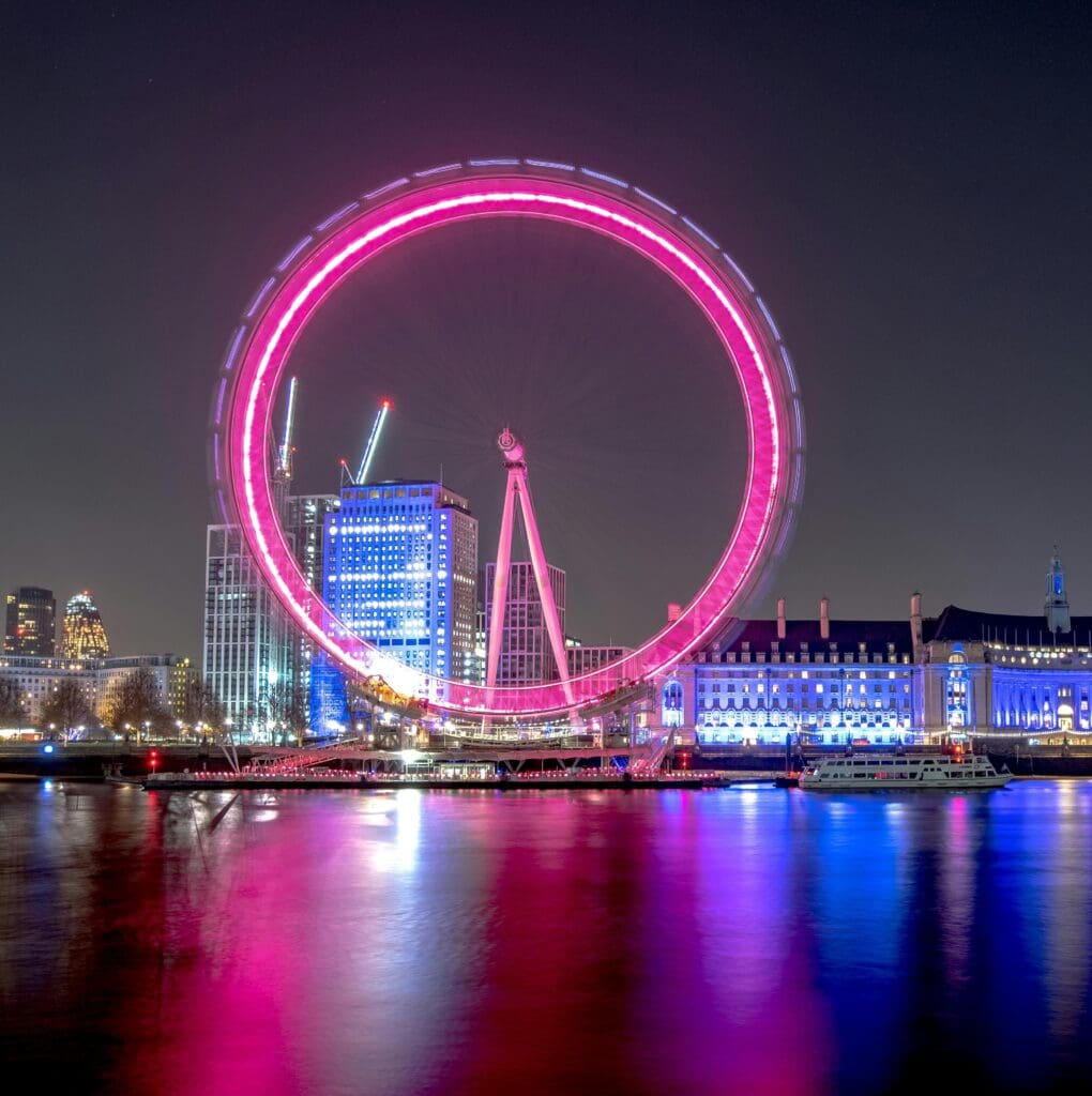 London Eye lit up at night