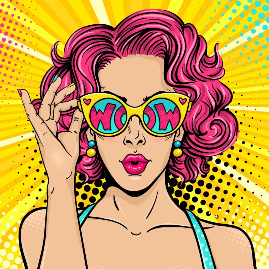 Pop art picturing woman with pink curly hair and open mouth holding sunglasses in her hand with inscription wow in reflection. Vector background in pop art retro comic style.