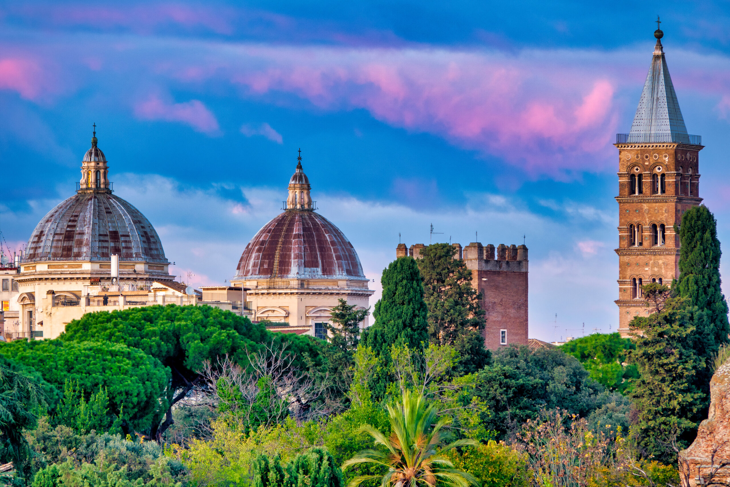 View of the landmarks of the Esquiline Hill, Rome, Italy. Domes and belltower of the Basilica of Santa Maria Maggiore and the Torre dei Capocci